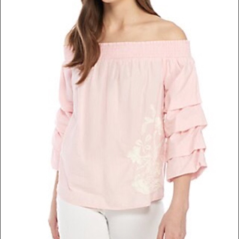 Kaari Blue off shoulder ruffle embroidered top